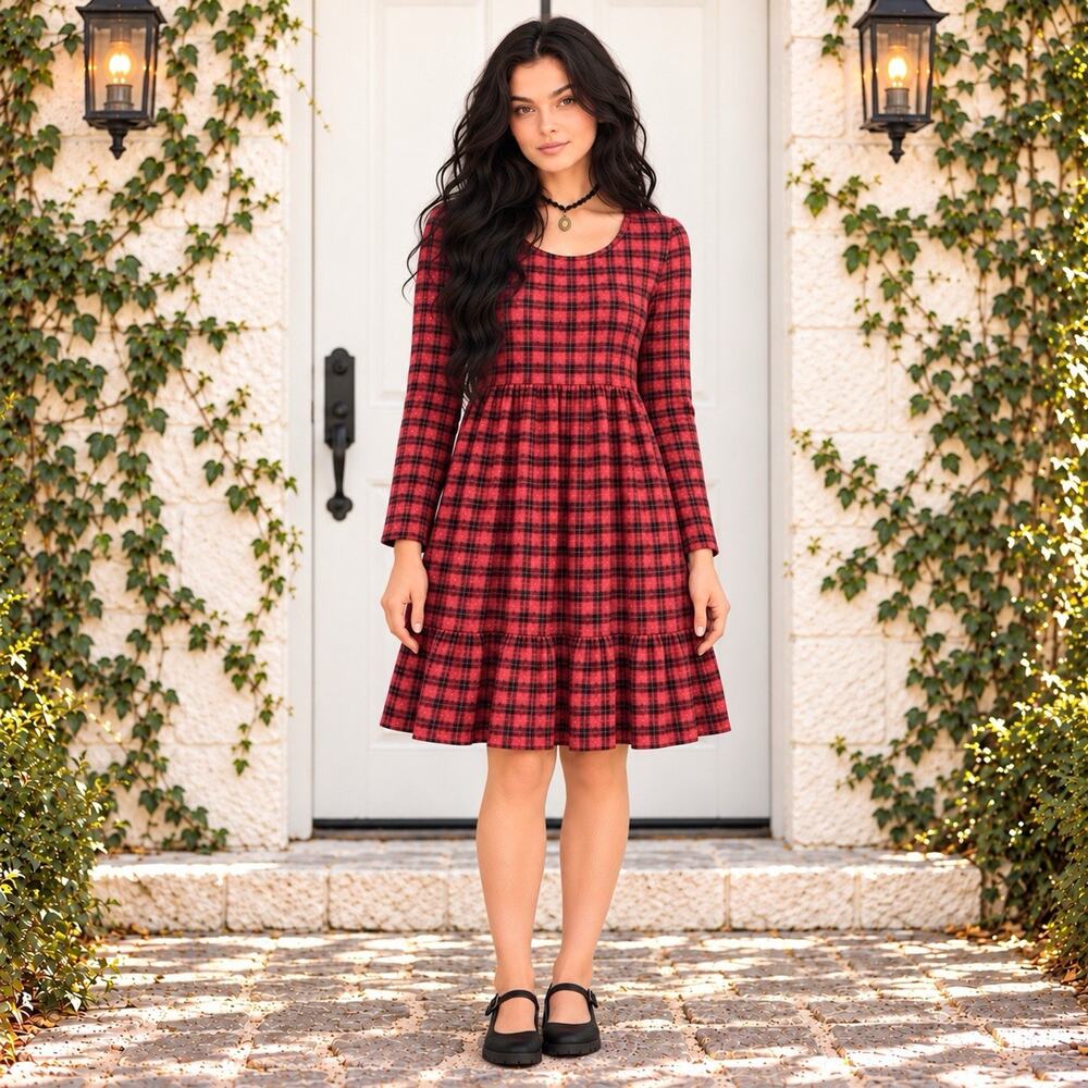 Cottage Core Preppy Tiered Ruffled A-Line Dress - Red Black Plaid, Size L